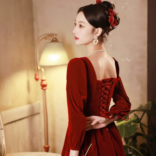Li Baixin's fugitive princess toast dress autumn and winter velvet long-sleeved engagement dress Hepburn style bride wedding homecoming dress for women burgundy S