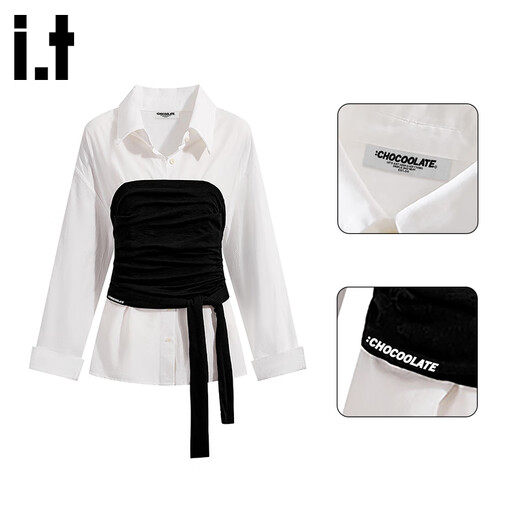 CHOCOOLATE it women's white long-sleeved shirt women's layered fake two-piece women's autumn and winter new high-end temperament waist suit black L