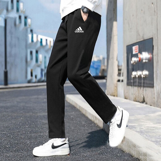 阿迪达斯 （adidas）男裤子 24新款跑步训练运动裤舒适透气防风裤针织卫裤休闲长裤 GK9222/经典黑-直筒/刺绣logo M 175/82