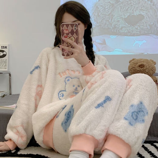 莫代尔（Madallo）睡衣女秋冬季珊瑚绒加厚保暖韩版束口卡通可爱法兰绒家居服套装女 1105长毛绒 M[建议80-100斤]