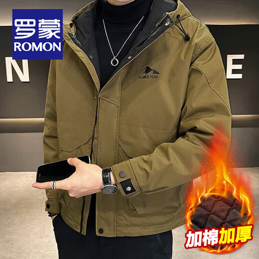 Romon (Romon) Осень и Зима плюс хлопковая утолщенная куртка для мужской молодежной хлопчатобумажной одежды повседневная работа с капюшоном в стиле Windperbut