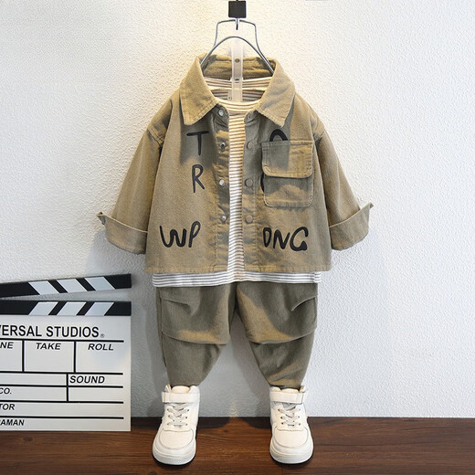 G.duck Boys Autumn Clothing Set 2025 Baby and Children's Clothing New Jacket Clothes Fashionable Baby Korean Style Casual Two-piece Set Trendy Khaki Color 100 cm