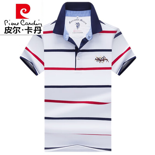 皮尔卡丹冰丝POLO衫翻领短袖t恤男士上衣时尚潮流品牌高端纯棉刺绣T恤衫 白色条纹【3882款】 M 48/170