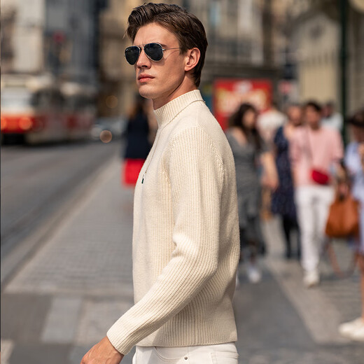 Mr. Bu pure wool sweater spring and autumn soft and waxy solid color thick knitted bottoming sweater for men BT12158 Haoyue White L (175)