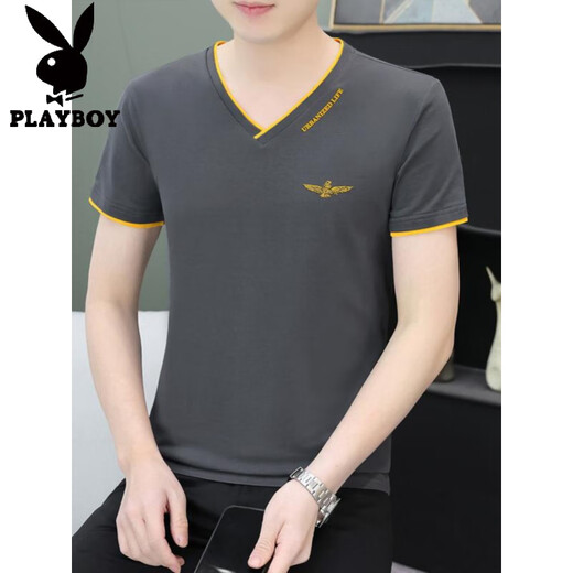 Playboy (Playboy) T-shirt à manches courtes de Coton en V pure V2025 Été Nouveau T-shirt de glace pour hommes à demi-manche décontractée et polyvalente.