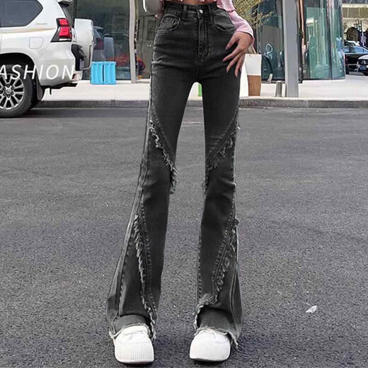 Mu Yilin Jeans für Frauen im Frühling und Herbst Neues schwarzes Grau leicht ausgestattet Hochtütig Slim Nischendesign Slim Woll Flared Hosen 677 Black Grey 30