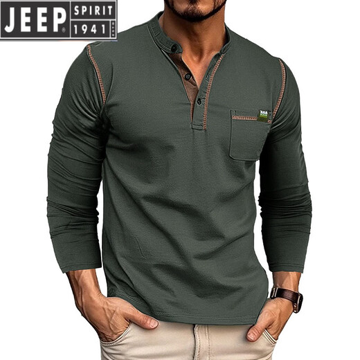 JEEP SPIRIT Henley long-sleeved T-shirt men's 2025 new American retro heavyweight men's seamless barrel knitted Henley collar bottoming shirt royal blue L US