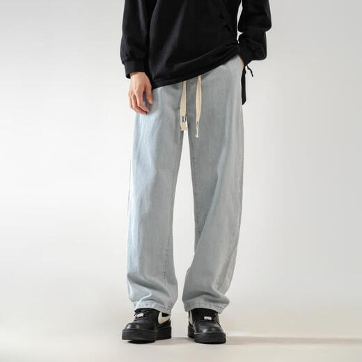 Dingfengbaoluo washed retro jeans men's autumn loose and versatile straight casual long pants men 808 light blue L