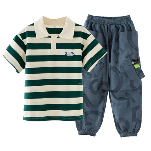 
McTicco boys summer suit new children's summer sports polo short-sleeved pants fashionable handsome big boy 9850 stripes + 5730 dark gray suit 170