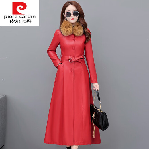 Pierre Cardin Knitted Haining Leather Coat Women's Long Over the Knee 2025 New Women's Leather Coat Spring and Autumn Windbreaker Jacket Black M Suitable for 85-99Jin Jin equals 0.5 kg