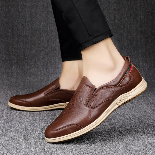 Diluochi spring and summer new genuine leather casual leather shoes men's beanie shoes British men's head layer cowhide fashionable driving shoes brown foot cover 9711 38 leather shoe size
