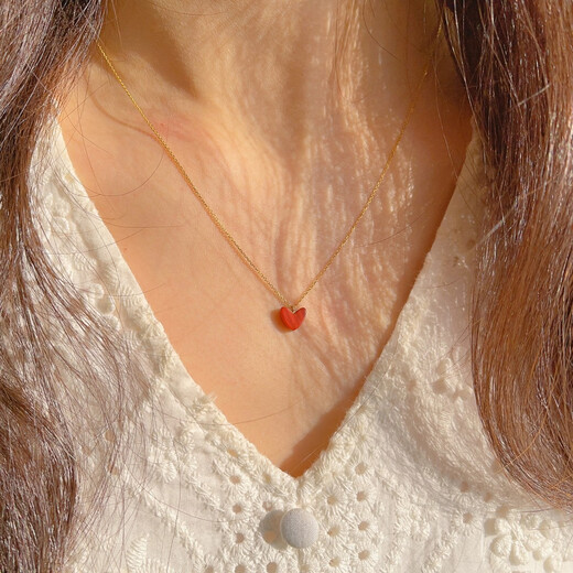 Bhiodha zirconium washable high quality 14k gold small red heart necklace clavicle chain peach heart red 18K gold 18K gold