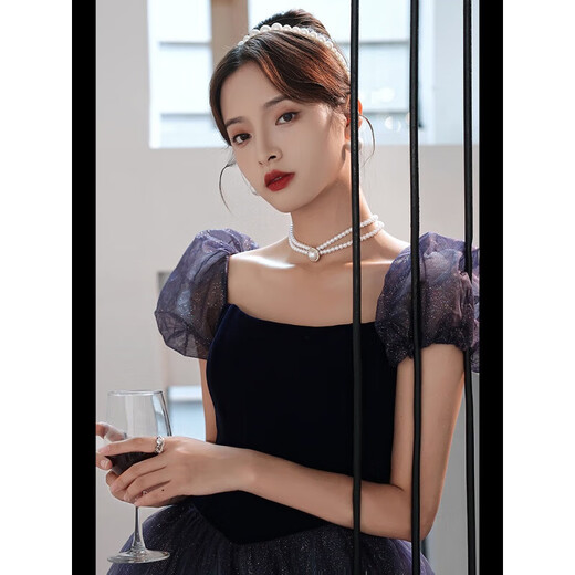 Raft core art exam dress music student bel canto French high-end evening girl light luxury party host elegant performance puff sleeve black 9906 M