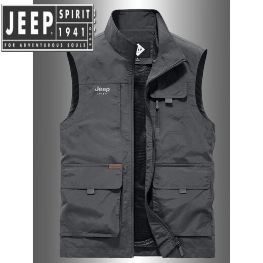 JEEP SPIRIT吉普精神2025春秋马甲男多口袋中老年摄影背心休闲钓鱼工装马夹男 灰色 2XL