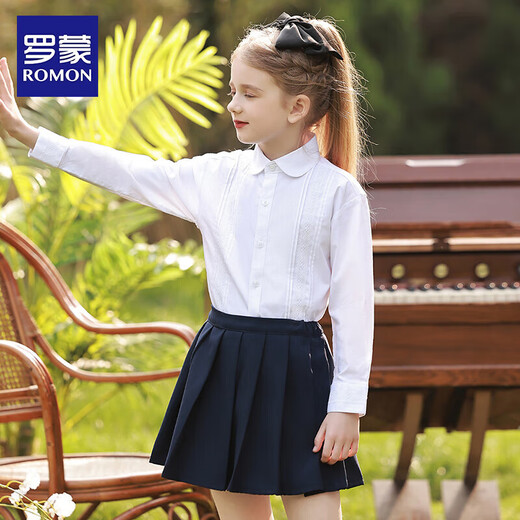 罗蒙女童衬衫长袖白色打底衬衣小学生幼儿园毕业校园服饰演出 蕾丝150