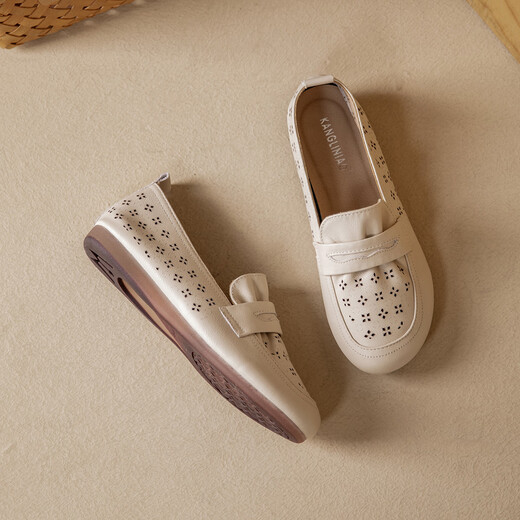 Kanglibi genuine leather soft sole mother shoes single shoes middle-aged and old comfortable and not tired leather shoes middle-aged and old young and non-slip women's shoes spring and autumn style 677 hole style beige soft sole soft surface very comfortable 39