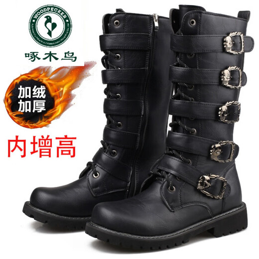啄木鸟高档轻奢男大码高帮长靴韩版潮流马丁靴男士疯马皮靴英伦高筒靴子 黑色 42