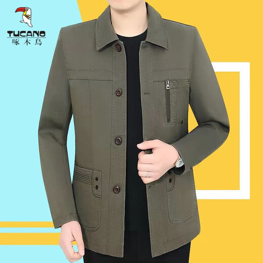Woodpecker Spring and Autumn New Middle-aged and Elderly Men's Cotton Jacket Loose Casual Middle-aged Lapel Jacket Dad's Clothes Dark Khaki 2XL 185 Codes 130-145Jin Jin is equal to 0.5 kg