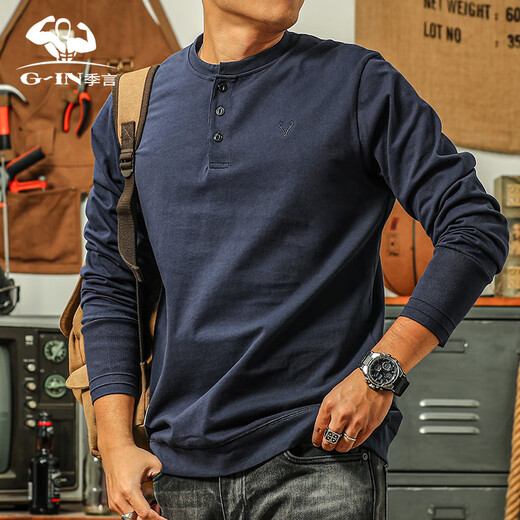 Ji Yan's high-end luxury men's bottoming shirt autumn and winter 2024 new pure cotton Henry collar can be worn outside American retro long-sleeved T-shirt white L