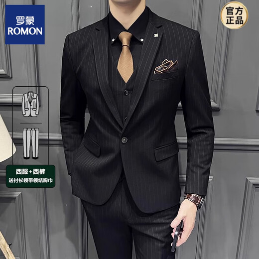 ROMON Haute Couture Men's Suit Business Formal Wedding Groom's Suit Three-piece Striped Slim Fit Large Size Dress Men One Button - Black (Suit + Trousers Shirt 3XL
