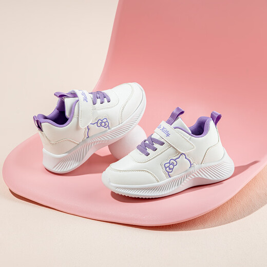 Hellokitty Children's Shoes para niñas zapatillas para niñas de otoño que absorbe los zapatos para correr chicas calzadas blancas casuales 6913 blancos púrpura 29