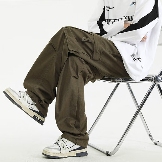 CLOR pure cotton overalls men's autumn and winter sports loose straight pants trendy versatile casual pants CL34 military green XL