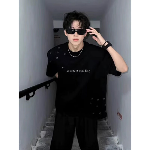 Poke American Weight Shouling Tople Camiseta de manga corta para la nueva camiseta de la marca High Street de verano para hombres Pussy suelto de media manga bt1843 negro l 120-135Jin [Jin es igual a 0,5 kg]