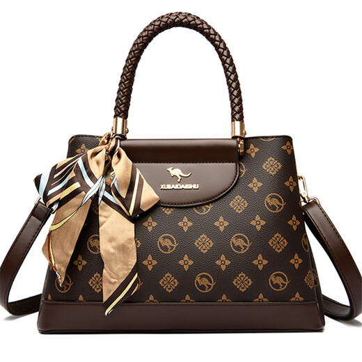 Kangaroo Kara brand genuine leather bag for women 2025 new style stylish handbag for mother on Mother's Day, fashionable middle-aged crossbody bag, brown (gift box + hand bag, card bag and silk scarf)