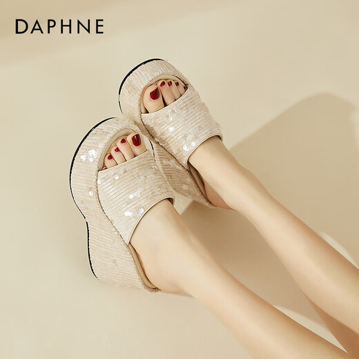 
Daphne thick-soled sequin high-heeled heeled sandals for women in summer small heightened fashion flip-flops for women apricot color 36