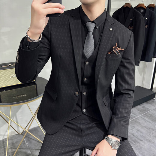 杰逊斯新郎结婚西服套装男商务休闲正装礼服青年修身条纹西装男士三件套 黑色（西装+衬衫+裤子） M