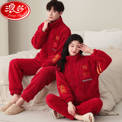 浪莎（LangSha）秋冬季结婚情侣睡衣红色珊瑚绒加厚加绒男女士新婚婚庆家居服套装 9716+图案+囍气洋洋 加 厚加绒 M 女款： 建议80-100斤