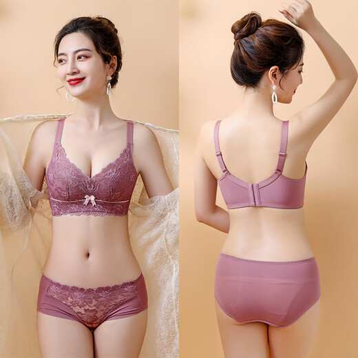 Blue Aegean Sea Wire-free Small Breasts Show Big Four-breasted Push-Up Bra Women's Upper Breast Holding Bra Anti-Sagging Bra Set Purple Set 75A/34A