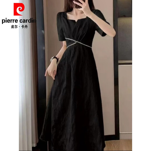 Pierre cardin French retro girl Hepburn style jacquard dress for summer new slim beaded long skirt is easy to wear Black XL [recommended 120-140Jin [Jin equals 0.5 kg]]