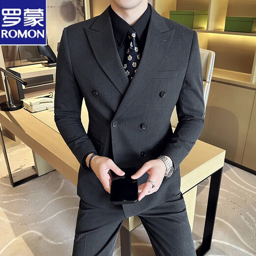 Romon leichte reife Gelegenheitsanzug Doppelbrust 2025 Neues Feder-Sensing-Pendler Einfacher Anzug Kleid Herren Trend dunkelgrau (Anzug + Hosen) Schwarzes Hemd Navy XL (52)