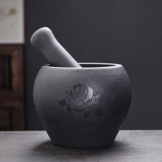 Natural black gold stone garlic pounder garlic mortar stone mortar household medicine jar pounder garlic masher baby food supplement grinder black gold stone stone mortar outer diameter 13CM (for wealth)