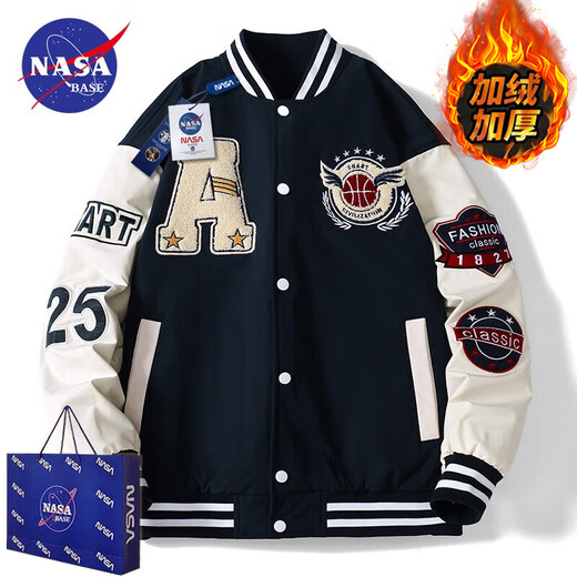 NASA BASE official men's fashion brand co-branded jacket men's and women's loose student jacket couple's shirt letter pilot baseball uniform MD-22129-dark blue (cotton type) M (recommended 90-125Jin Jin equals 0.5 kg)
