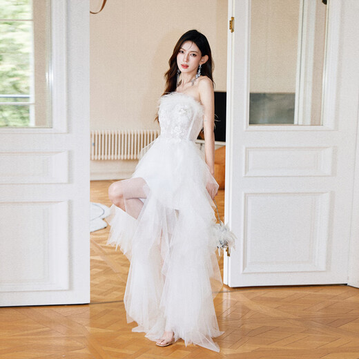 ACJK Duojia Heavy Industry Embroidered Feather Tube Top Dress Short in Front and Long in Back Birthday Small Dress for Adulthood Ceremony White M