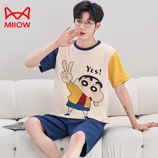 Cat Man (Miiow) reines Baumwoll-Pyjamas Teen loser großer Home-Kleidungs-Set Sommer Kurzarm Cartoon Sommer-Männer Kurzarm Shorts-Q1392 karierte lächelnde Gesicht XL Standard Männer [130-145jin [Jin gleich 0,5 kg]]