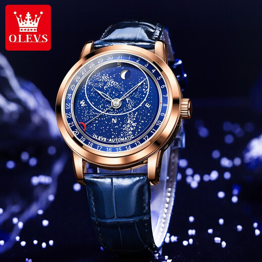 Oleeis levs Schweizer zertifizierte Brand Watch Mechanical Watch Luminous Water of Water of Star Series Herren Watch High-End-Herren-Uhr Olevs-9923-Rose Shell Starry Sky Blue Surface