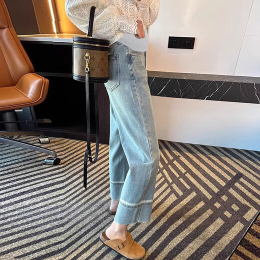 
Geman pregnant women light-colored wide-leg jeans wearing summer thin style slim and stretch straight pants fashionable small cropped pants blue - belly-rest M