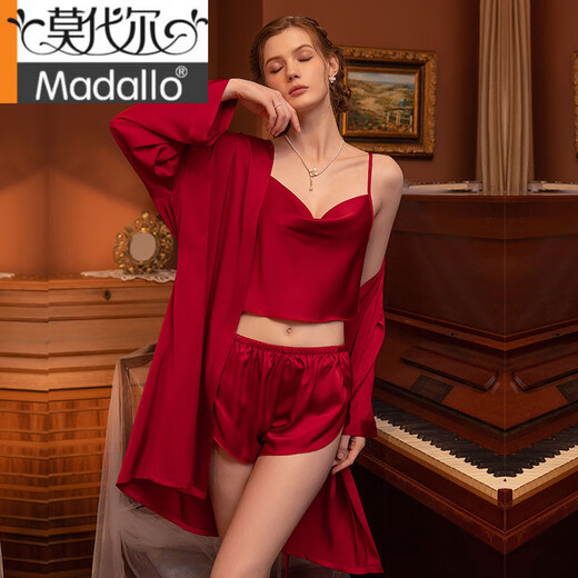 莫代尔性感睡衣女春夏季冰丝两件套装背心吊带短裤纯欲风家居服2025新款 6630三件装-酒红色 M