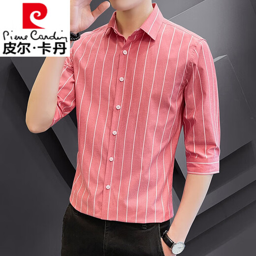 
Pierre cardin striped shirt short sleeve men's summer thin style trend mid-sleeved business ice silk casual 5 minute sleeve shirt jacket DC673 red [short * sleeve] 2XL 180