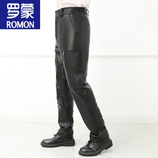 Romon (Romon) Pantalon en cuir authentique pour la couche de tête pour hommes Pantalon en cuir chaud en cuir chaud pour un pantalon de moto pour hommes et pantalon de vache multi-poche à taille noire de taille noire à la taille noire à la taille noire.