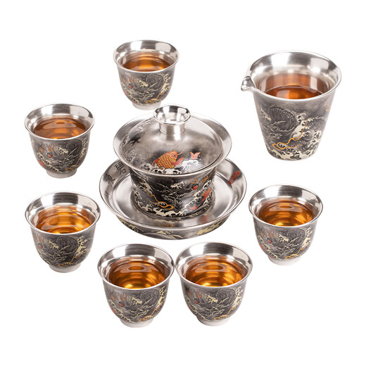 SUSHI CERAMICS gilt silver ink dragon Sancai bowl tea set set intangible cultural heritage master Zheng Wenqiang's gift box Kung Fu tea set