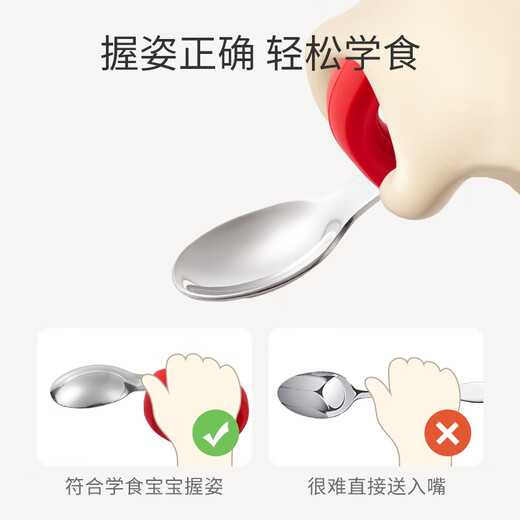 Yingshu bébé mange une cuillère alimentaire supplémentaire apprenant à suivre une formation en acier inoxydable pour enfants cuillère à fourche biologique [matière de qualité alimentaire] Fruit vert + orange corallien