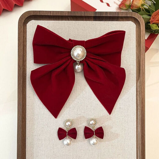 Cottontail Rabbit Red Bow Hairpin Women's Back of Head One-Piece Clip Bride Engagement Wedding Headwear Toast Clothes Hair Accessories High-end 18-like Dream Two-piece Set