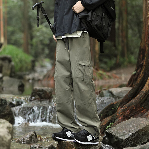 Homlean American outdoor work pants men's spring and summer loose wide-leg functional straight waterproof long trousers HT02 military green XL