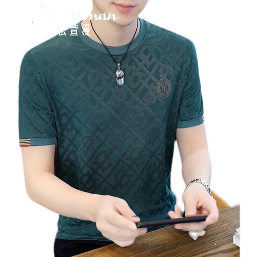 法萱漫轻奢高端 冰丝短袖t恤男夏季新款圆领提花烫钻休闲宽松大码上衣男 795 白色 M 95-115斤