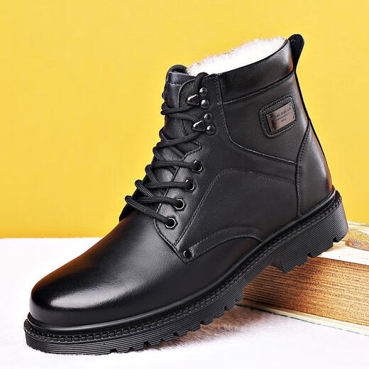 
Gu Wenlun military hook boots men's cotton boots genuine leather Martin boots cruiser cotton shoes men's high top leather shoes men's fur integrated 3519-1 black single shoe style 38