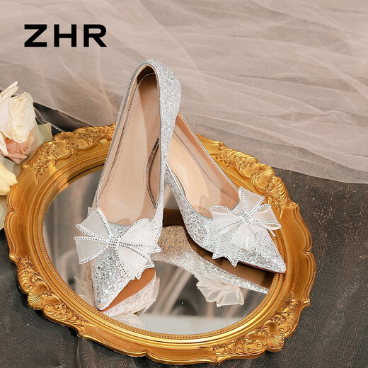 
ZHR Chinese Valentine's High Heels Women's French Crystal Wedding Shoes Women's Thin Heels Pointed Bow Single Shoes Women's BQ122 Silver 37